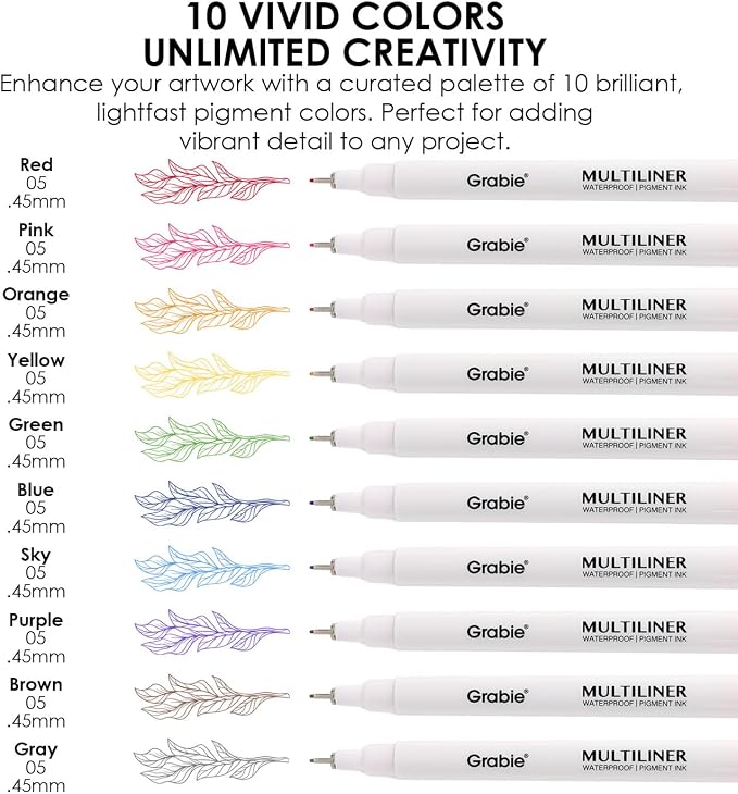 Grabie Micro Fineliner Pens, 10 Multicolor Waterproof Drawing Pens | Waterproof Pigment Ink, 10 Assorted Tip Sizes, Multicolor Fine Lines, Metal-Clad Nibs, Smooth Ink Flow, Smudge Resistant