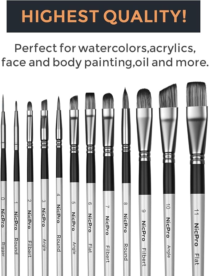 Nicpro 12pcs Artist Paint Brush Set, Paint Brushes for Acrylic Painting | Craft Paintbrushes for Oil Watercolor Gouache, Tempera, Face Body, Fabric Leather Model, Art Supplies for Artists Beginners