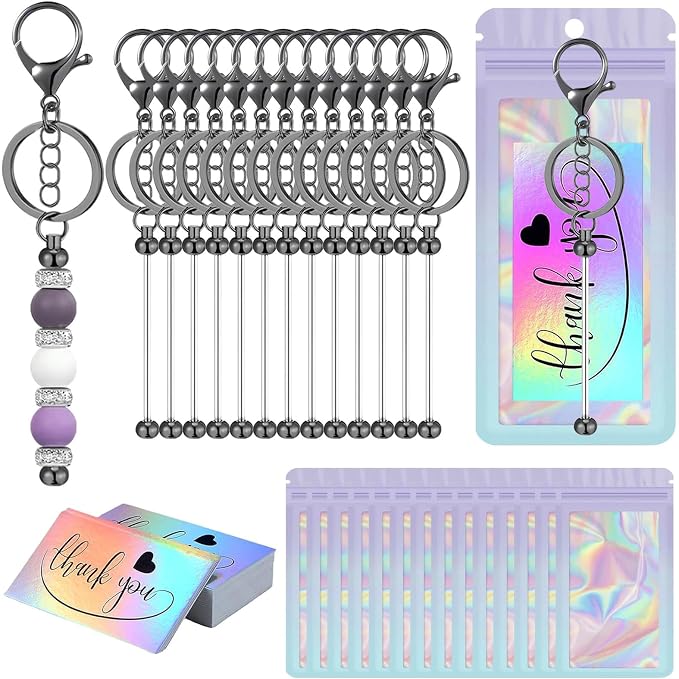 42/84/126 Pcs Beadable Keychain Bars Bulk Blank DIY Beaded Keychain Making Supplies with Bag Thank You Card