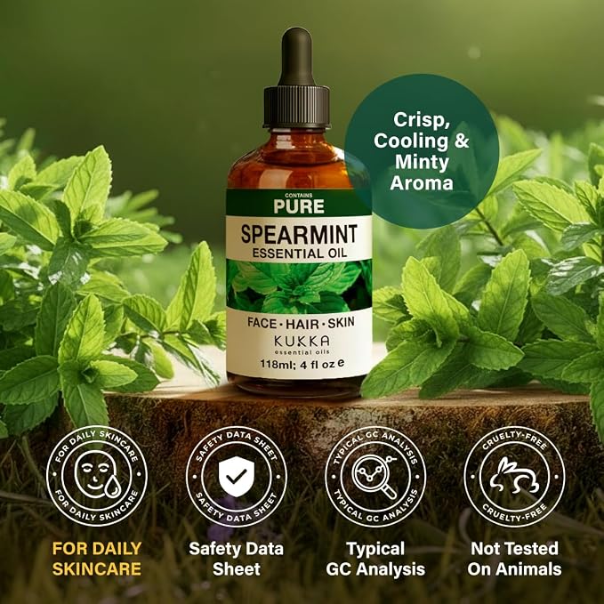 Kukka 100% Pure Spearmint Essential Oil for Skin, Diffuser, 4 Fl Oz | Undiluted Mint Oil for Face and Skin Care, Diffuser, Aromatherapy, Massage - Natural Mentha Spicata
