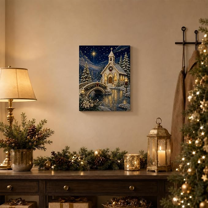 DIY Christmas Pearl Diamond Painting Kit, 5D Pearl Art Craft for Adults and Beginners, Christmas Church and Jesus Wall Decor, Holiday Gifts, 12 x 16 Inch (Church Design E)