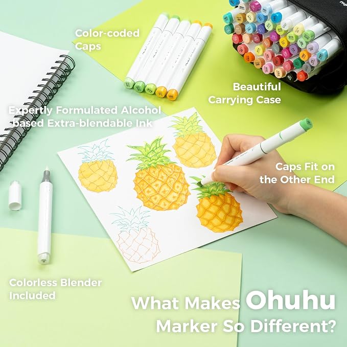 Ohuhu Alcohol Markers 48 Colors Brush& Chisel for Adults Cozy Coloring | Refillable AP Certified Art Marker Set for Artists Beginner Drawing Illustration Sketching, Dual Tips Alcohol-based, Honolulu