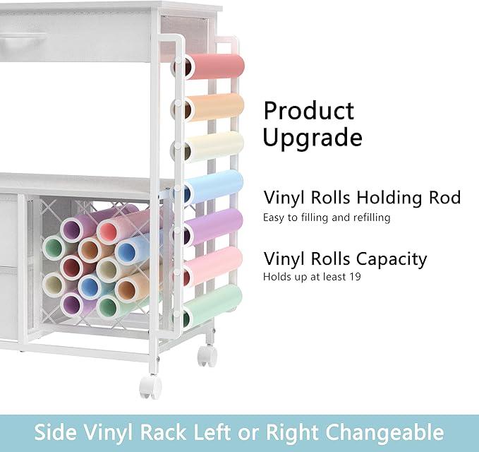 VENNQD Storage cart Compatible with Cricut Machines Stand Cutting Machine Stand with Drawers and Vinyl Roll Holder Rolling Craft Cabinet Table for Cricut Craft Workstation for cart Craft Room (White)