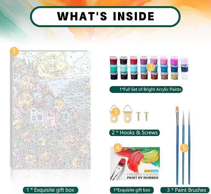 Framed Paint by Numbers Kit for Adults Beginner & Kids Ages 8-12, Landscape Flowers Adult Paint by Number Kits on Canvas with Frame, DIY Number Painting for Adults for Home Decor Gift 8 x 12 Inch