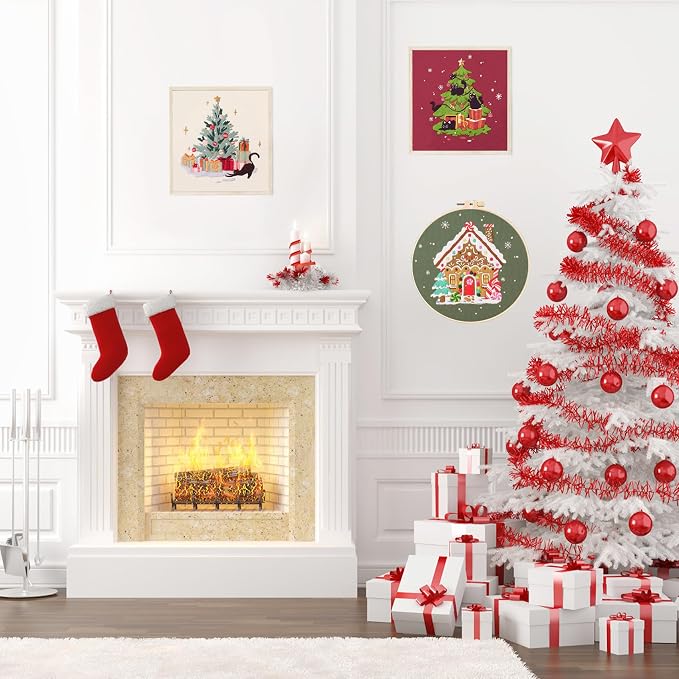 LB Christmas Embroidery Kit for Beginners Adults, 3 Sets Hand Embroidery Starter Kit with Black Cat Pattern and Instructions Stamped Cross Stitch Kits Include Embroidery Hoop Needles Threads Scissors