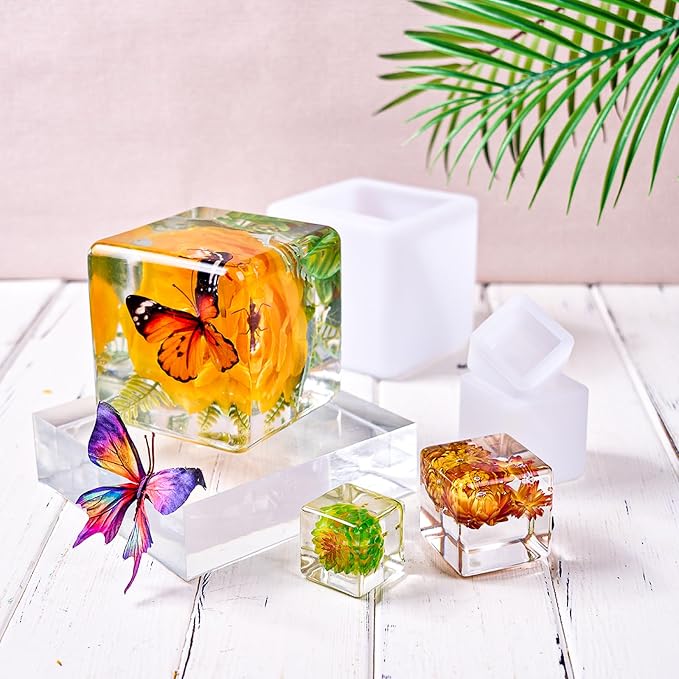 12 PCS Extra Deep Resin Cube Molds Silicone, 4" Large Resin Molds Silicone | Cube Silicone Mold for Epoxy Resin, Sphere Resin Mold with Tools for Preserving Flower Insect Specimen Bookend Flexible Clear