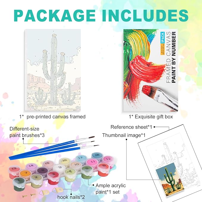 GEEHEIY Framed Paint by Numbers Kit for Adults, Desert Cactus, 8 x 12 Inch | DIY Adult Paint by Number Kit for Beginners, Southwest Wall Decor, Stress Relief Craft Gift, Creative Hobby