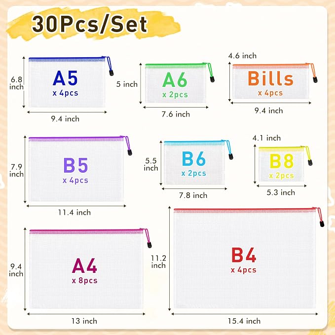 PAPEJOON 30pcs Mesh Zipper Pouch Bags, 8 Sizes Plastic zippered Storage Bags for Organizing, Clear Pouches with Zipper, Waterproof Mesh Pouch for Office Supplies, Home Organize, Travel Storage