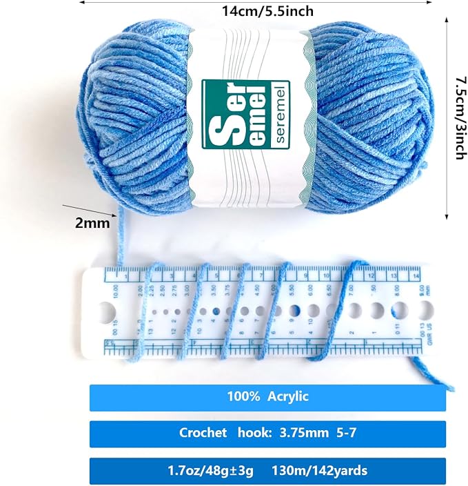 2 Pcs （2 * 48g/2 * 142yards） Crochet/Knitting Rainbow Yarn,Multicolor Variegated 100% Acrylic Yarn,Crochet Yarn for Beginners,Soft Yarn for Crocheting Blanket and Handicraft Mini Project (Sky Blue)