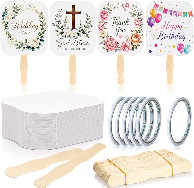 156 PCS DIY Blank Hand Fans Kit, 100 Cardstock Paper Fans with 50 Wavy Wooden Handles & 6 Rolls of Double-Sided Tape for Church, Wedding, Party, Custom Decoration & Craft Projects