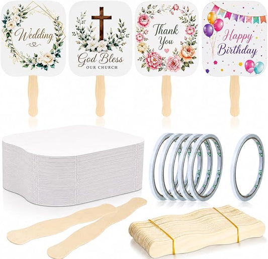 156 PCS DIY Blank Hand Fans Kit, 100 Cardstock Paper Fans with 50 Wavy Wooden Handles & 6 Rolls of Double-Sided Tape for Church, Wedding, Party, Custom Decoration & Craft Projects