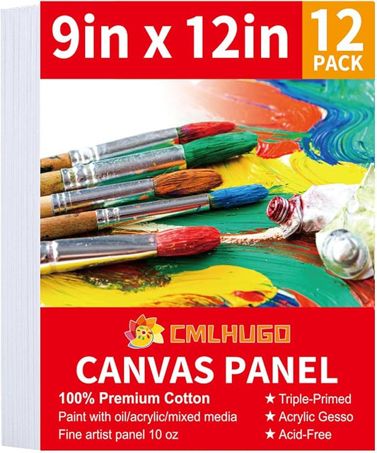 12 Pack Canvases for Painting 9 x 12 inch Supplies,Blank Boards Kids-Gesso Primed Acid-Free 100% Cotton Canvas Panels for Acrylics Oil Watercolor,Art Supplies