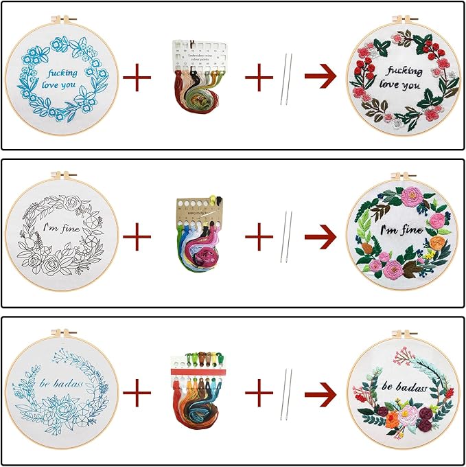Nuberlic 3 Pack Funny Embroidery Kit for Beginners Adults