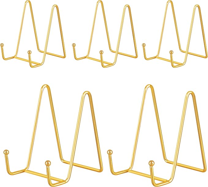 IBosins 5-Pack 4-Inch Plate Holder Display Stands Gold Metal Frame Stand