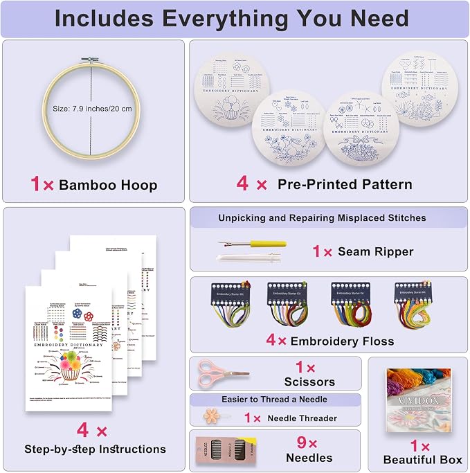 VIVIDOX 4 Sets Embroidery Kit for Beginners with Stitch Video, Cross Stitch Kits for Adults, Hand Craft Lover, Starters Easy Practice with Stamped Pattern, Hoop, Needles, Scissors, Tools & Instruction