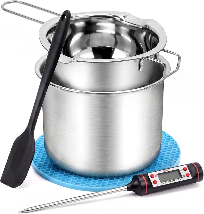 Double Boiler Pot for Melting Wax, Stainless Steel Candle Making Kit with Silicone Spatula, Thermometer & heat-resistant mat for Soap Chocolate DIY Crafts(1000ml+400ml)