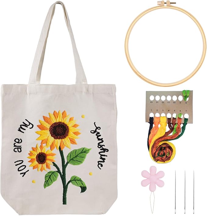 Louise Maelys Embroidery Kit Canvas Tote Bag with Sunflower Pattern