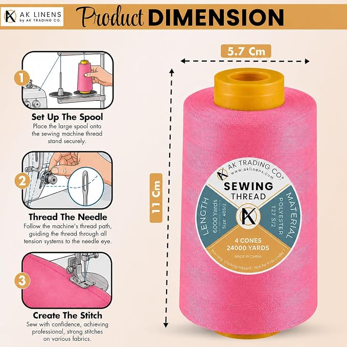 AK Trading 4-Pack NEON Flamingo All Purpose Sewing Thread Cones (6000 Yards Each) of High Tensile Polyester Thread Spools for Sewing, Quilting, Serger Machines, Overlock, Merrow & Hand Embroid