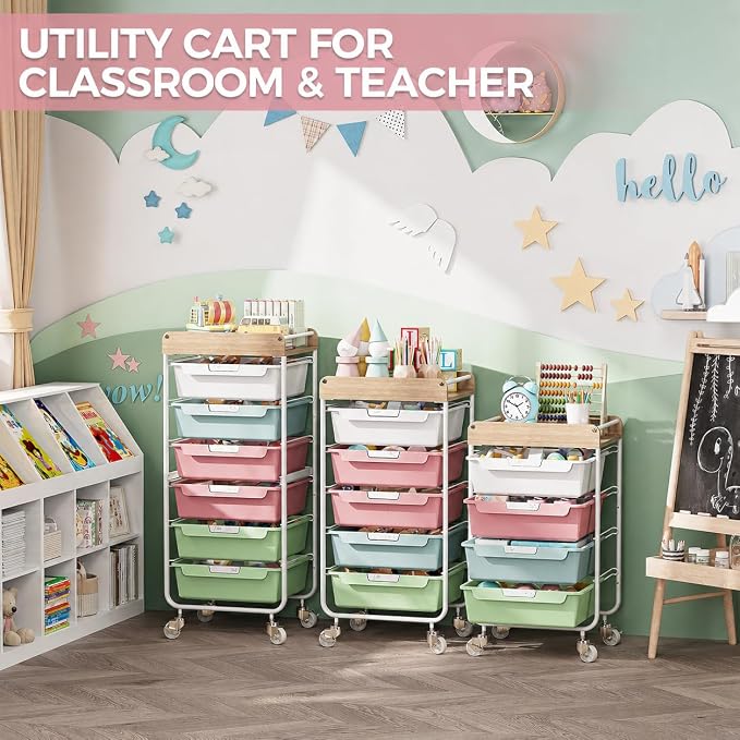 SYKIARIOL Rolling Craft Storage Cart with 4 Drawers,Kid Craft Cart,Colorful | Utility Cart with Drawers,Art Craft Organizers and Storage,Kids Art Cart With DIY Lable and Wooden Tabletop Area