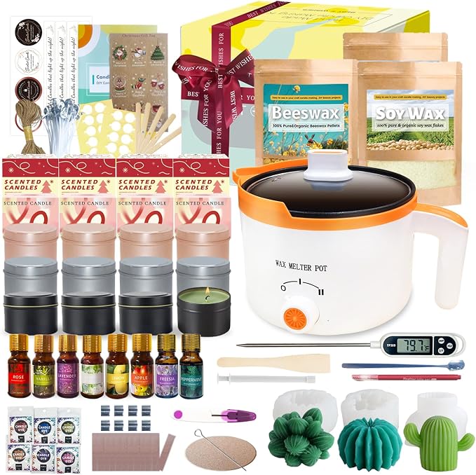 Complete Soy and Beeswax Candle Making Kit for Adults with Wax Melter | Wax Melt Making Kit Includes 2lb Soy Wax, 1lb Beeswax, 12 Candle Jars, Candle Moulds