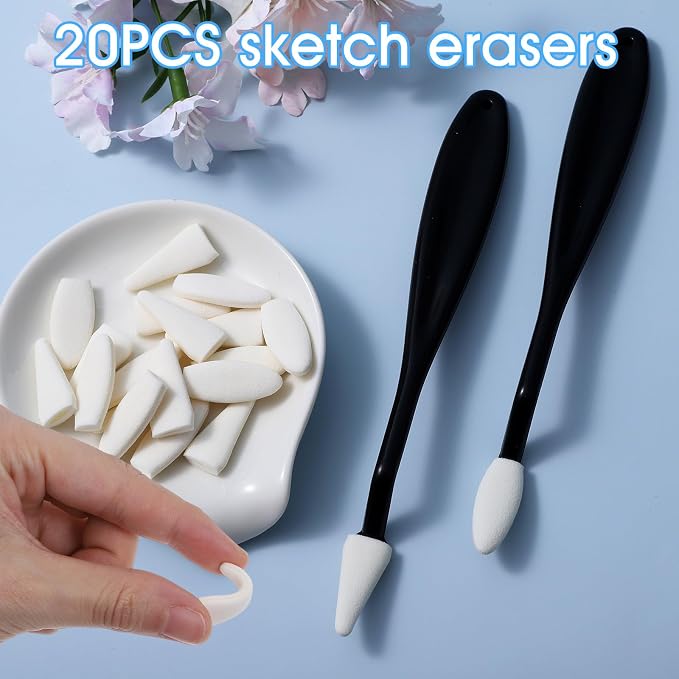2pcs Paper Art Blending Stumps, Washable Sketch Trimmer, 2 Head Types, 20 Replacement Sponge Wipes, Sketch Drawing Tools Ideal for Highlighting, Shadowing, and Correcting Drawing