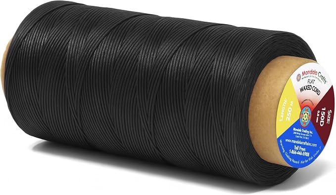 Mandala Crafts 150D 0.8mm Black Flat Waxed Thread for Leather Sewing
