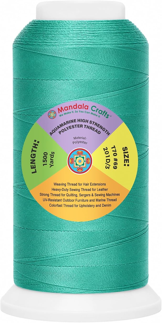 Mandala Crafts Aquamarine Tex 70 Polyester Heavy Duty Thread for Upholstery | 1500 Yds T70 UV Resistant Strong Thread for Leather Sewing, Marine, Drapery, Jeans, Hair Weaving & Extension, Outdoor