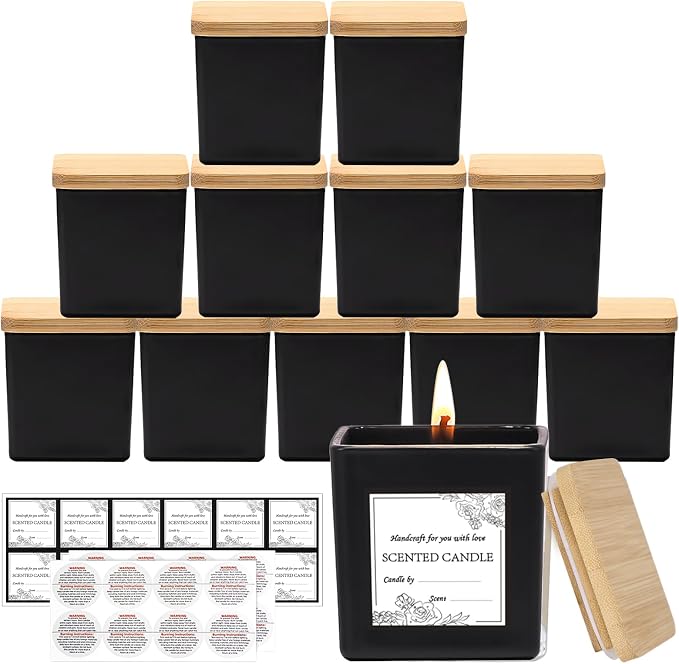 CONNOO 12 Pack 9oz Matte Black Glass Square Candle Jars with Bamboo Lids