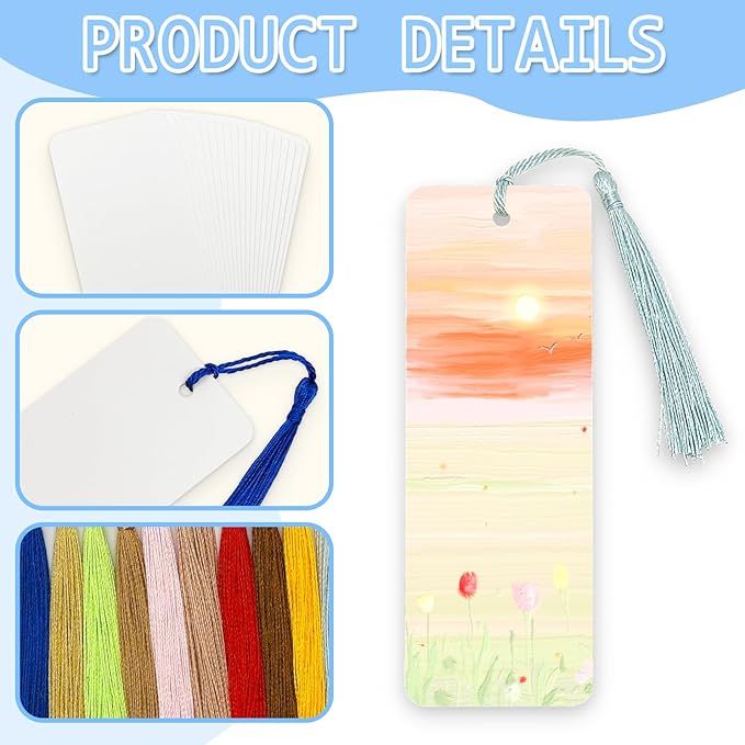 100 Sets Blank Bookmarks with Tassels 350 GSM Paper Bookmark DIY Bookmarks | DSYIL White Cardstock Bookmarks Blank Bookmark to Decorate for Classroom Projects, Home Crafts and Making Gifts, 5.5 x 2 Inch