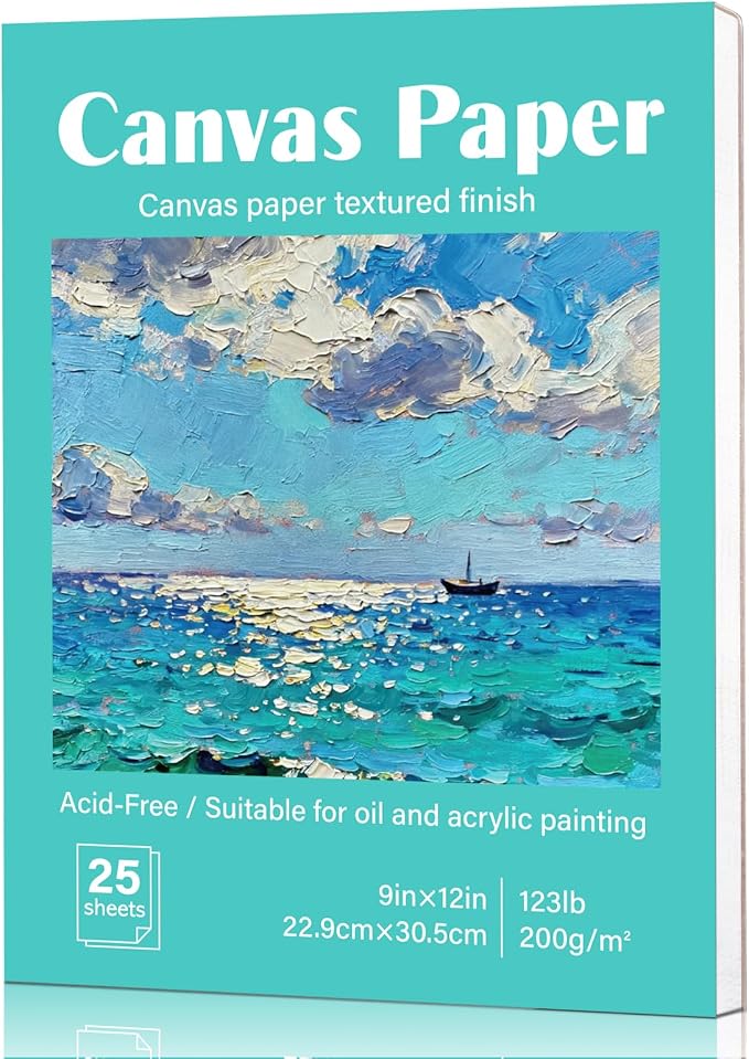 Prudiut Canvas Paper Pad 9x12 in, 25 Sheets, 180 GSM, Glue Bound | Canvas-Textured Surface, for Acrylic & Oil Painting, Easy Tear-Off Pages, for Students, Kids & Hobbyists