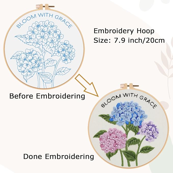 Nuberlic Hydrangea Embroidery Kits for Beginner Adults | Cross Stitch Kit with Stamped Pattern Include Cloth Hoops Threads Needles,Needlepoint Kits