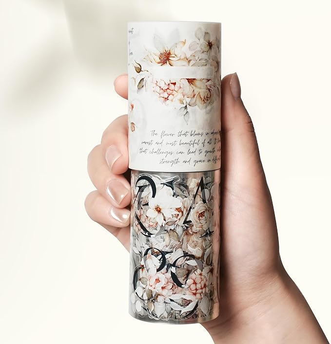 WT Pre-Cut Rosé Scripts Wide PET Tape, Single Roll, Original Designs, Blush Floral & Handwritten Script, Clear Decorative Tape for Junk Journal, Scrapbook, Bujo, Planner, DIY Crafts