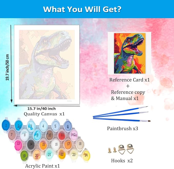 Artunion Colorful Dinosaur Paint by Numbers for Adults Beginner, Animal Paint by Number Kits, DIY Oil Painting Paint by Number Kits on Canvas Arts Craft for Home Wall Decor 16x20 Inch