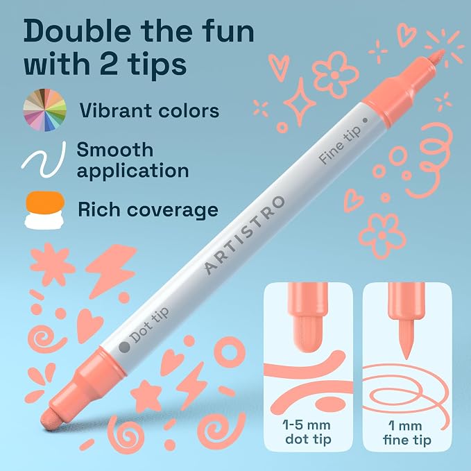 ARTISTRO Pastel Dual-Tip Acrylic Paint Marker Pens - Set of 5 | For Fabric, Rock, Glass, Wood, & Coloring Books, Arts & Crafts Gift, Classroom Must Haves & School Supplies (Dot & Fine Tips)