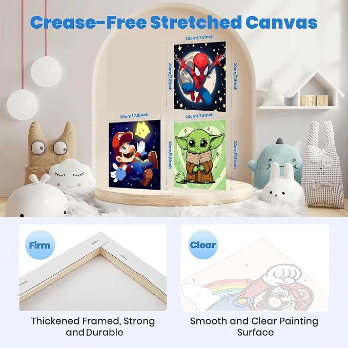 3 Pack Cartoon Paint by Numbers Kit for Kids with Frame Wooden Easel | Cute Kids Paint by Numbers Ages 4 8 12, DIY Acrylic Oil Painting for Home Wall Decor (8x8 inch)