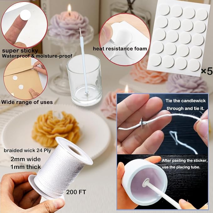 28 PCS Beginners Candle Making Kit for Adults with 200 ft Candlewick,Long Large-Eye Candle Piercing Needle and Wick Cutter 7INCH,Wick Inserting Tool Mold Punch Needle with Hook Eye for Moulds