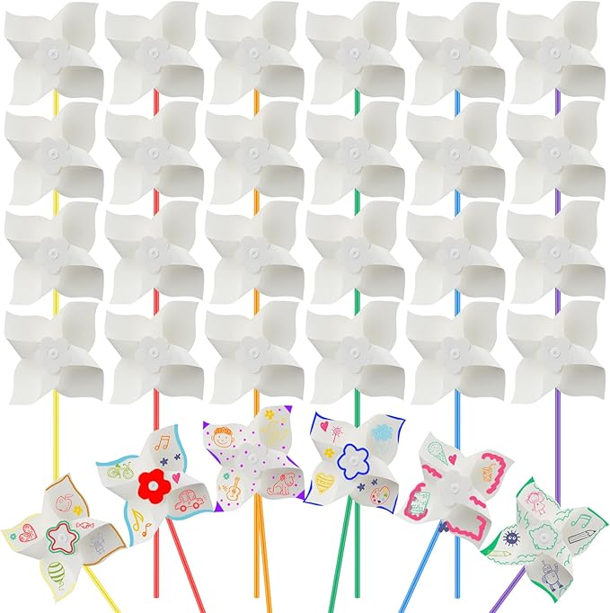 Poen 48 Pcs DIY Pinwheels for Kids Bulk, Blank White Paper Craft 5 in | Color Your Own Windmills Activity, Patriotic Summer Party Favors for Kids, VBS Sunday School Classroom Art Project Supplies