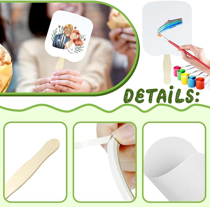 156 PCS DIY Blank Hand Fans Kit, 100 Cardstock Paper Fans with 50 Wavy Wooden Handles & 6 Rolls of Double-Sided Tape for Church, Wedding, Party, Custom Decoration & Craft Projects