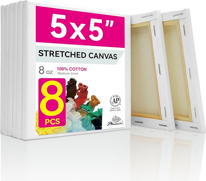 PHOENIX Small Stretched Canvas for Painting 5x5 Inch/8 Value Pack, 8 Oz Triple Primed 5/8 Inch Profile 100% Cotton White Blank Canvas, Square Framed Canvas for Oil Acrylic & Pouring Art