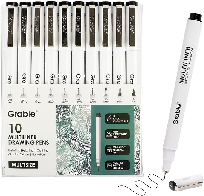 Grabie Micro Fineliner Pens, 10 Waterproof Black Drawing Pens | Waterproof Pigment Ink, Precision Drawing, Assorted Tip Sizes, Metal-Clad Nibs, Smooth Ink Flow