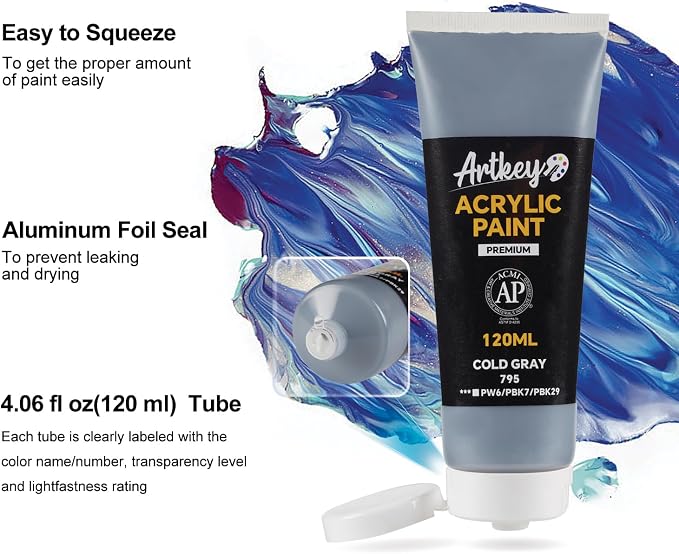 Artkey Acrylic Paint - Cold Gray (120 ml/4.06 oz) Tubes, Rich & Vibrant Pigments, Professional Artists Acrylic Paints - Art Supplies for Canvas Wood Rock Clay Fabric Ceramics Art Crafts Painting