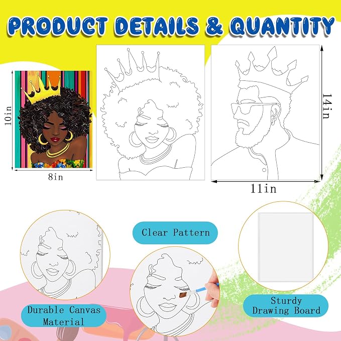 Yeaqee 13 Pcs Sip and Paint Kit for Adults Stretch Canvas Date Night Valentines Painting Kit Supplies Art Painting Set Outline Design Blank Stretch Canvas for Couple Party(Afro King Queen,11x14)