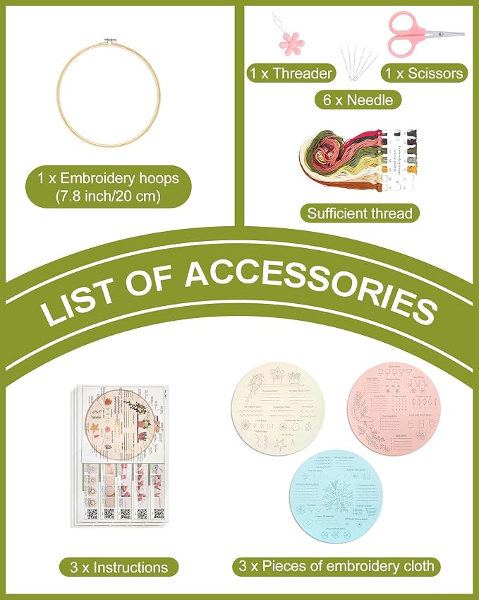 Santune 3 Sets Embroidery Kit for Beginners Adults,Learn Over 30 Different Stitches,DIY Cross Stitch Kits,Including Clear Instructions,Video Tutorials,Stamped Flower Patterns,Hoop,Color Threads,Tools