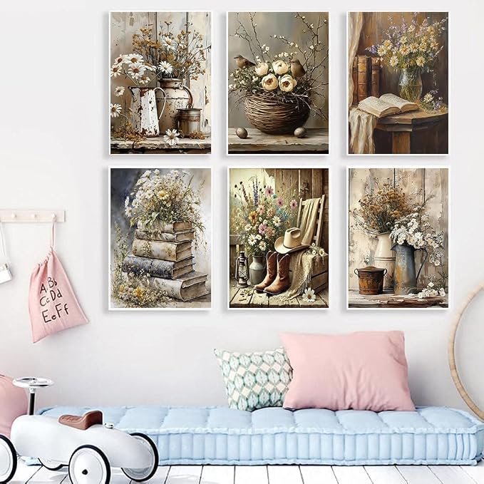 AOSGEDY 6 Pack Paint by Numbers Kit for Adults Beginner, Vintage Flower Adult Paint by Number Kits on Canvas, Flowers DIY Acrylic Oil Painting by Numbers Kits, Perfect for Home Decor 10 X 14 Inch