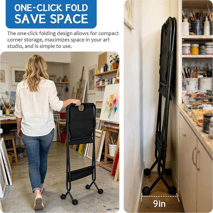 Canvas Art Print Rack，Folding Art Storage Rack with Lockable Caster Wheels