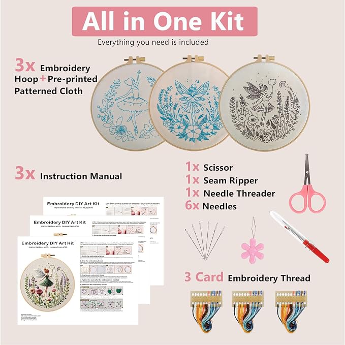 Embroidery Kit for Adults, Pre-Stamped Pattern Embroidery Kit for Beginners, Needlepoint Starter Kit with Hoop Thread Needle Instruction, 7.9'' Hoop (Flower Fairy 3 Packs)