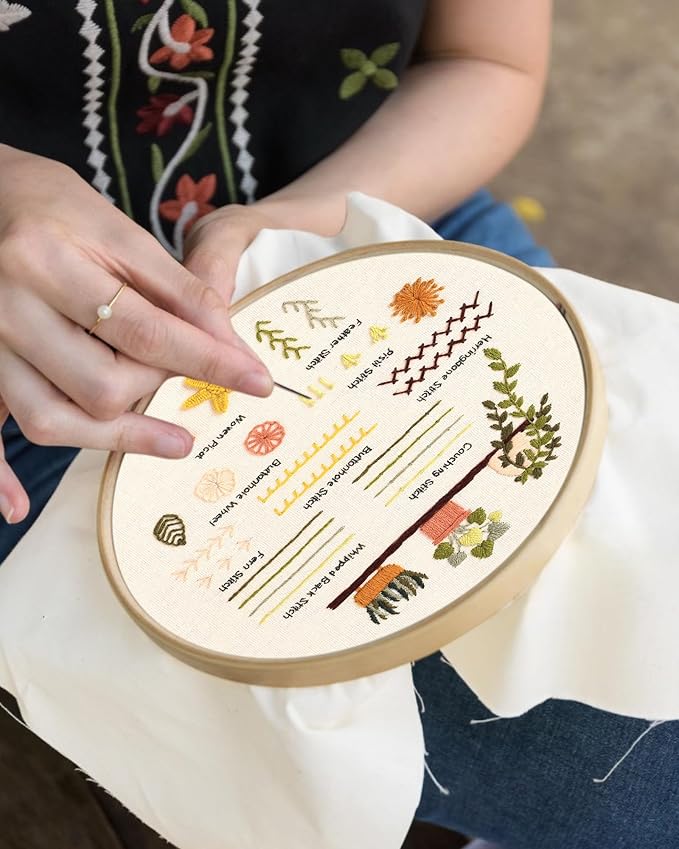 Santune 3 Sets Embroidery Kit for Beginners Adults,Learn Over 30 Different Stitches,DIY Cross Stitch Kits,Including Clear Instructions,Video Tutorials,Stamped Flower Patterns,Hoop,Color Threads,Tools