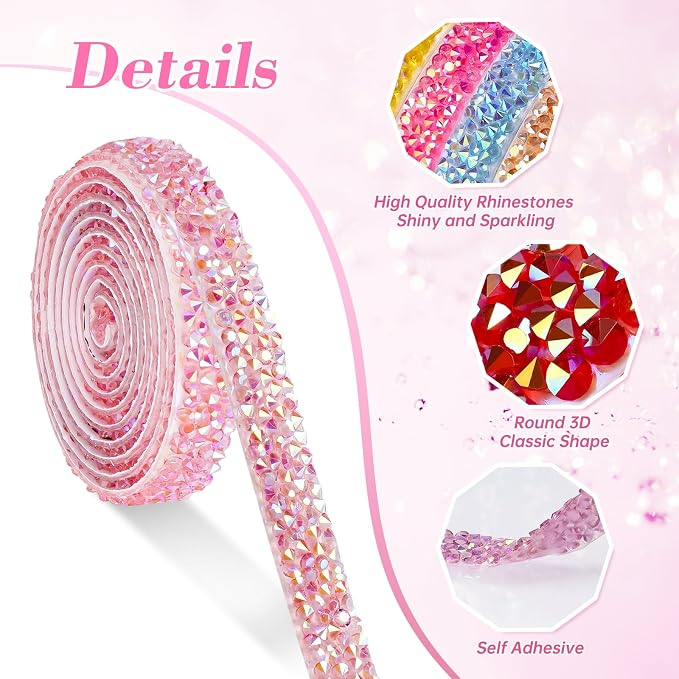 NiArt 12 Rolls Self Adhesive Rhinestone Ribbon 12 Yards DIY Candy Colors