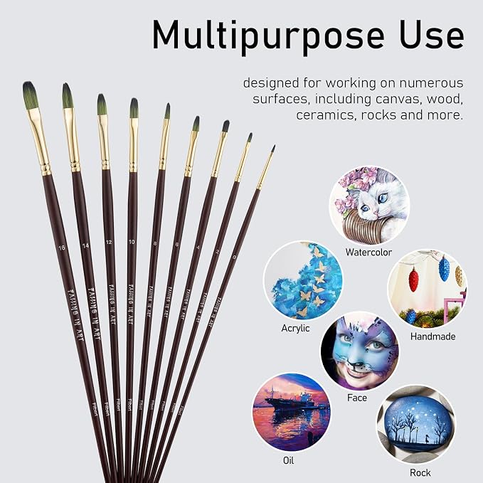 Falling in Art 9 PCS Long Handle Filbert Brushes Set