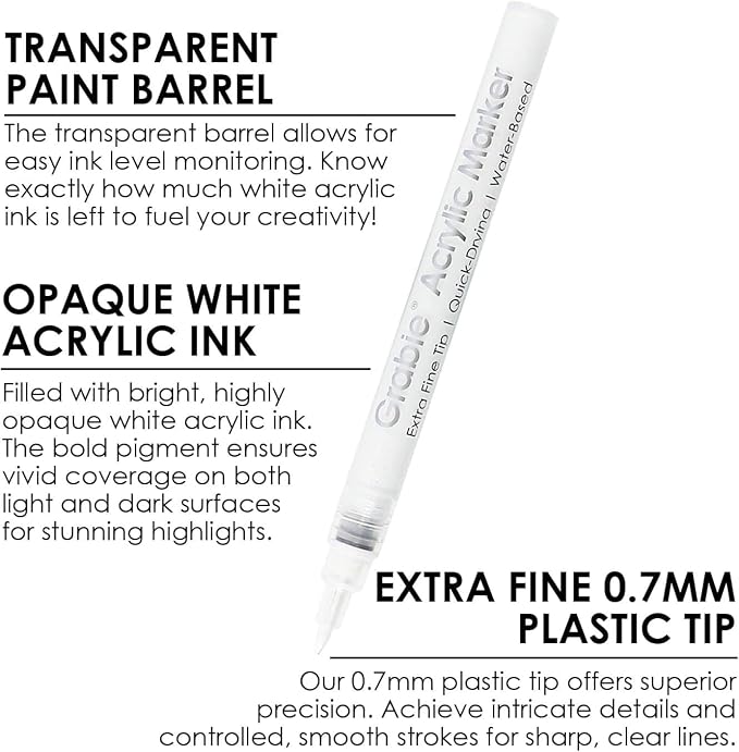 Grabie 6 Pack of Black & White Acrylic Paint Markers, 0.7 mm Extra Fine Tip